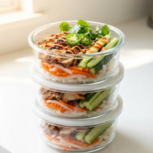 Chicken banh mi meal prep bowls — hero featured shot — finished dish top-down on white plate