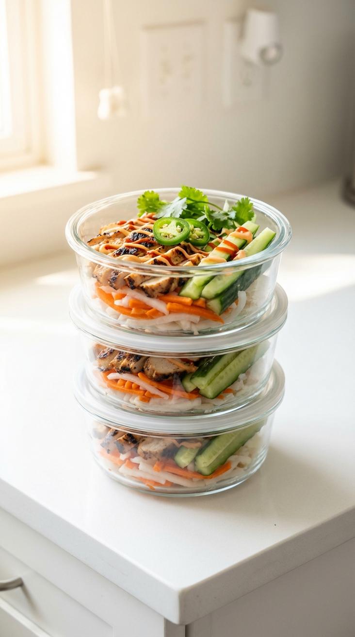 Chicken banh mi meal prep bowls — hero featured shot — finished dish top-down on white plate