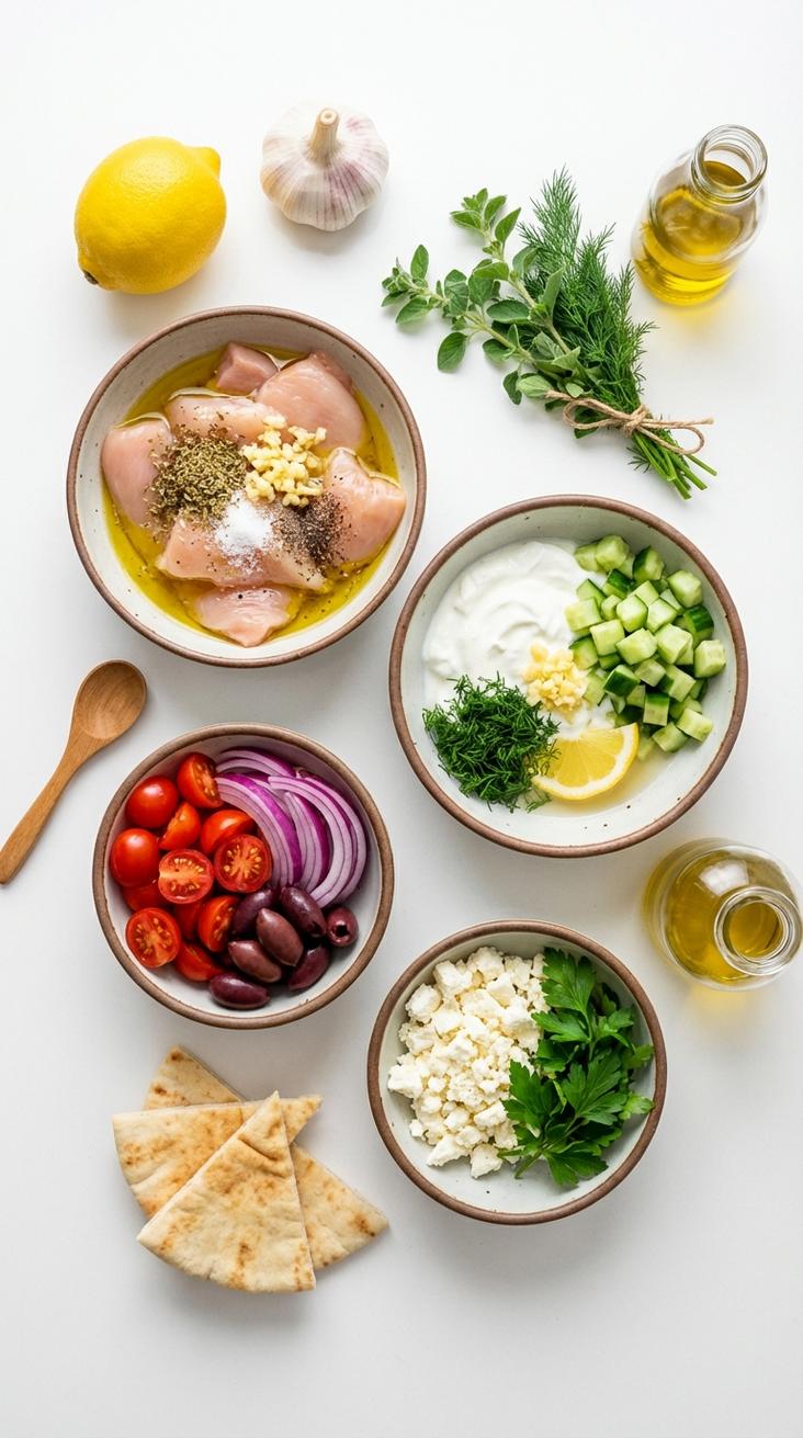 Greek chicken bowls with tzatziki ingredients