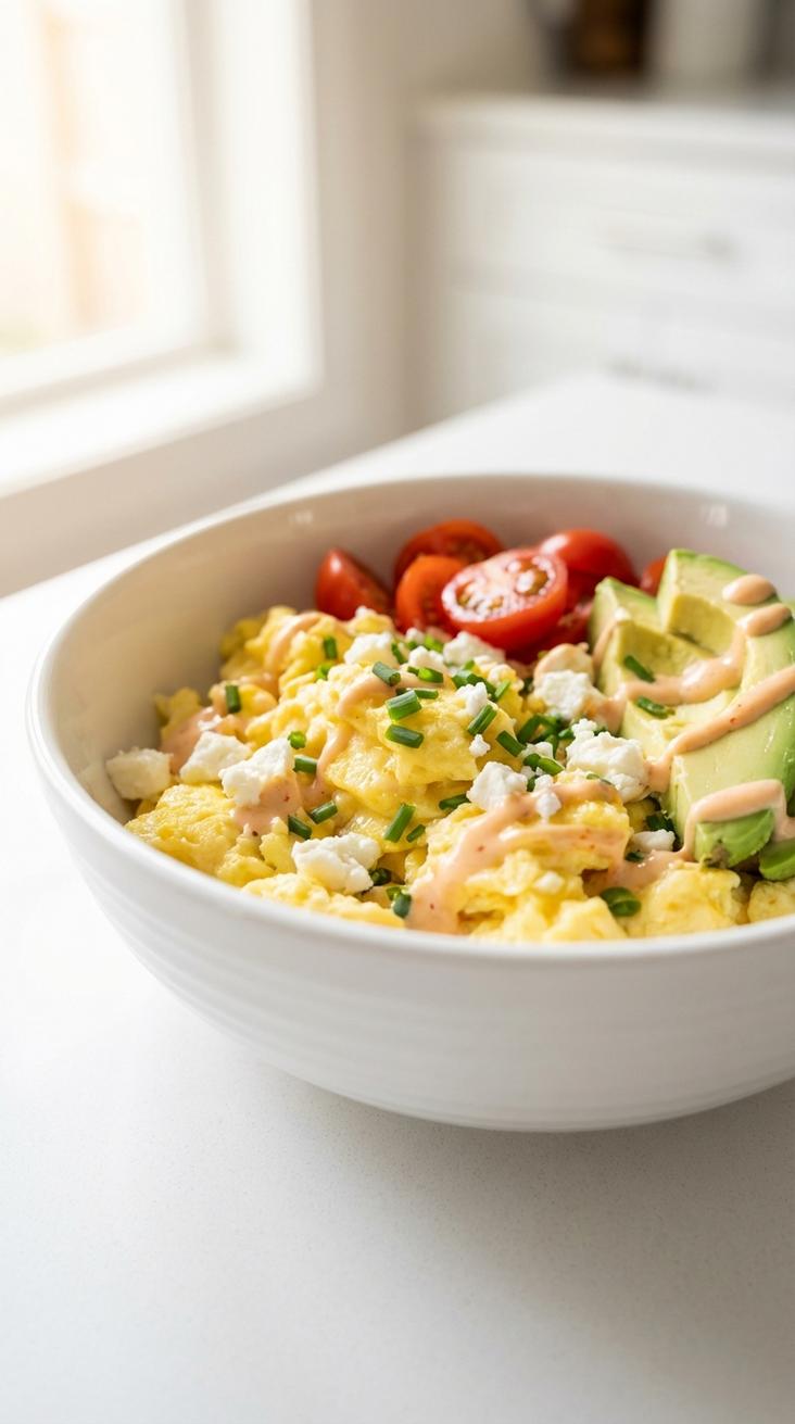 High protein breakfast meal prep egg bowls — hero featured shot — finished dish top-down on white plate